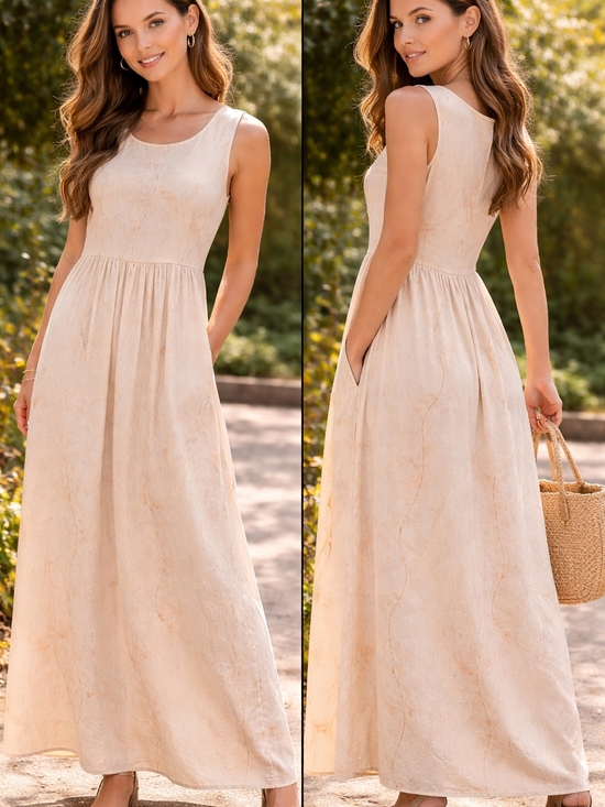 Dresses & Skirts - Sleeveless Cream Maxi Dress with Pockets